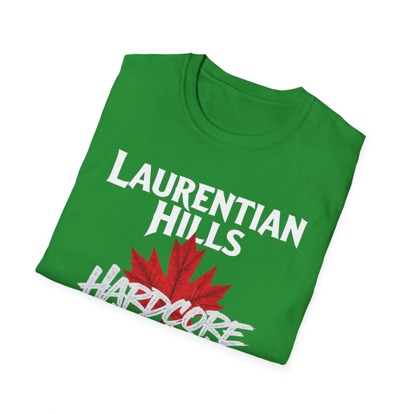 Laurentian Hills Hardcore We Support Our Own Red Leaf T-Shirt, c03-n06-s006 Softstyle Graphic Tee, Unisex Casual Wear, Support'n Locals Merch, Gift for Community Lovers.