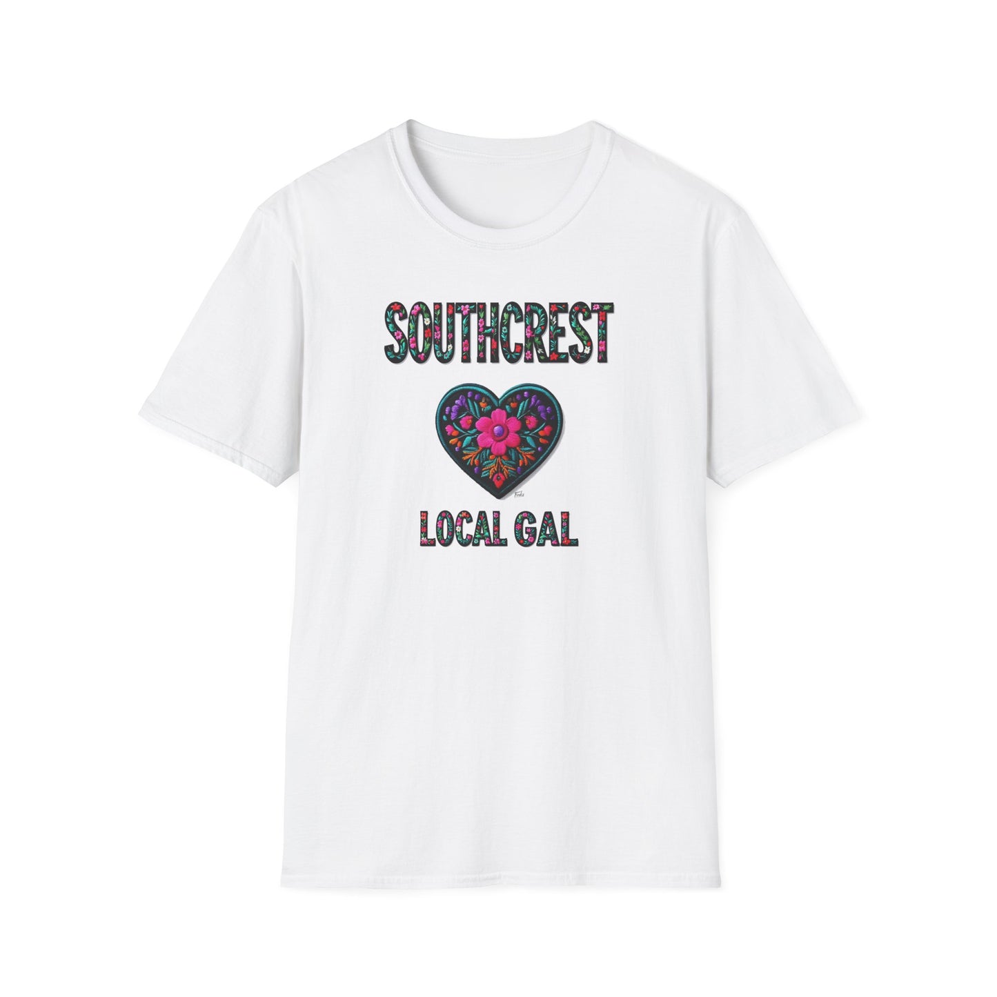 Southcrest Local Gal Flower-Heart T-Shirt, c02-n07-s05  Softstyle Graphic Tee, Unisex Casual Wear, Support Local Merch, Gift for Community Lovers, Finkz WINDSOR