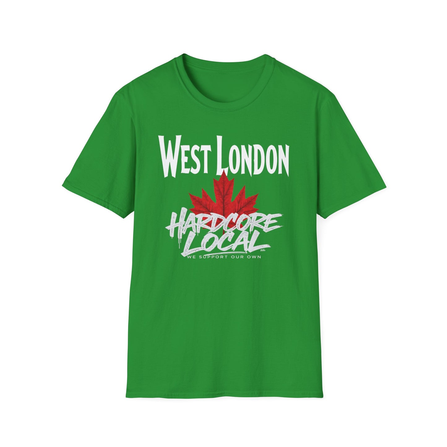 West London Hardcore We Support Our Own Red Leaf T-Shirt, c02-n08-s006 Softstyle Graphic Tee, Unisex Casual Wear, Support'n Locals Merch, Gift for Community Lovers.