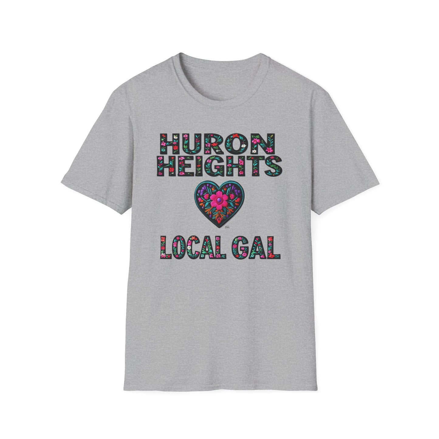 Huron Heights Local Gal Flower-Heart T-Shirt, c02-n01-s005 Softstyle Graphic Tee, Unisex Casual Wear, Support Local Merch, Gift for Community Lovers, Finkz WINDSOR