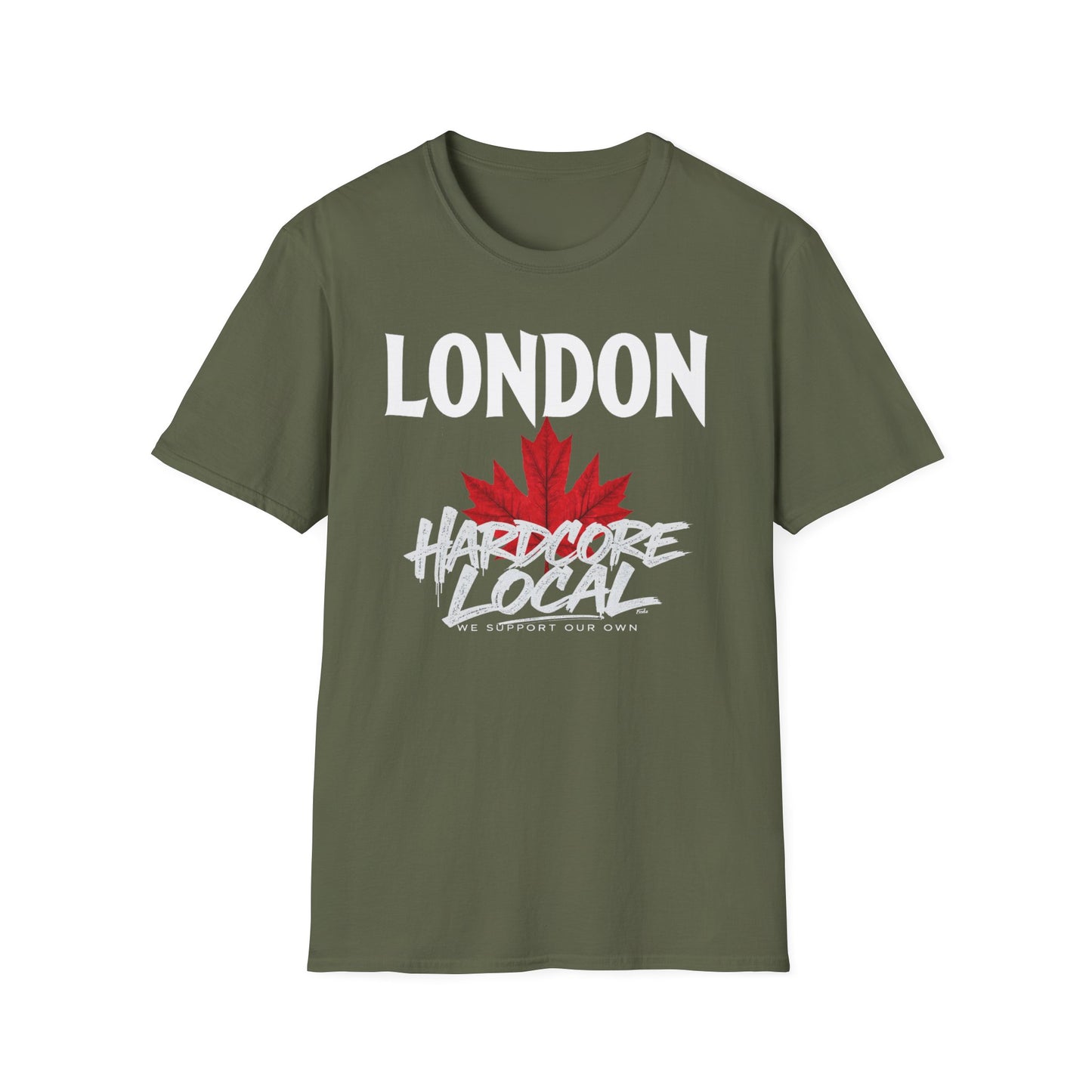 London Hardcore We Support Our Own Red Leaf T-Shirt, c02-n00-s006 Softstyle Graphic Tee, Unisex Casual Wear, Support'n Locals Merch, Gift for Community Lovers.