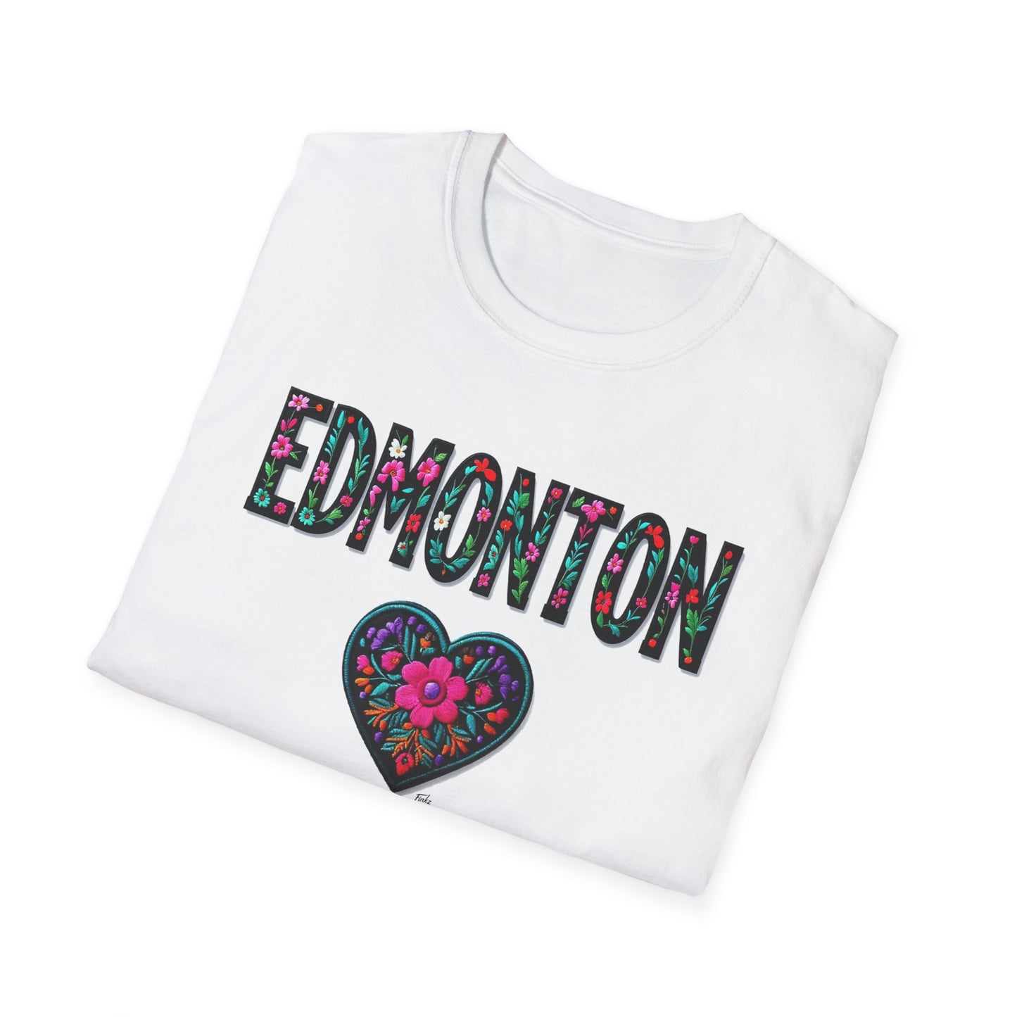 Edmonton Local Gal Flower-Heart T-Shirt, c012-n00-s005 Softstyle Graphic Tee, Unisex Casual Wear, Support Local Merch, Gift for Community Lovers, Finkz
