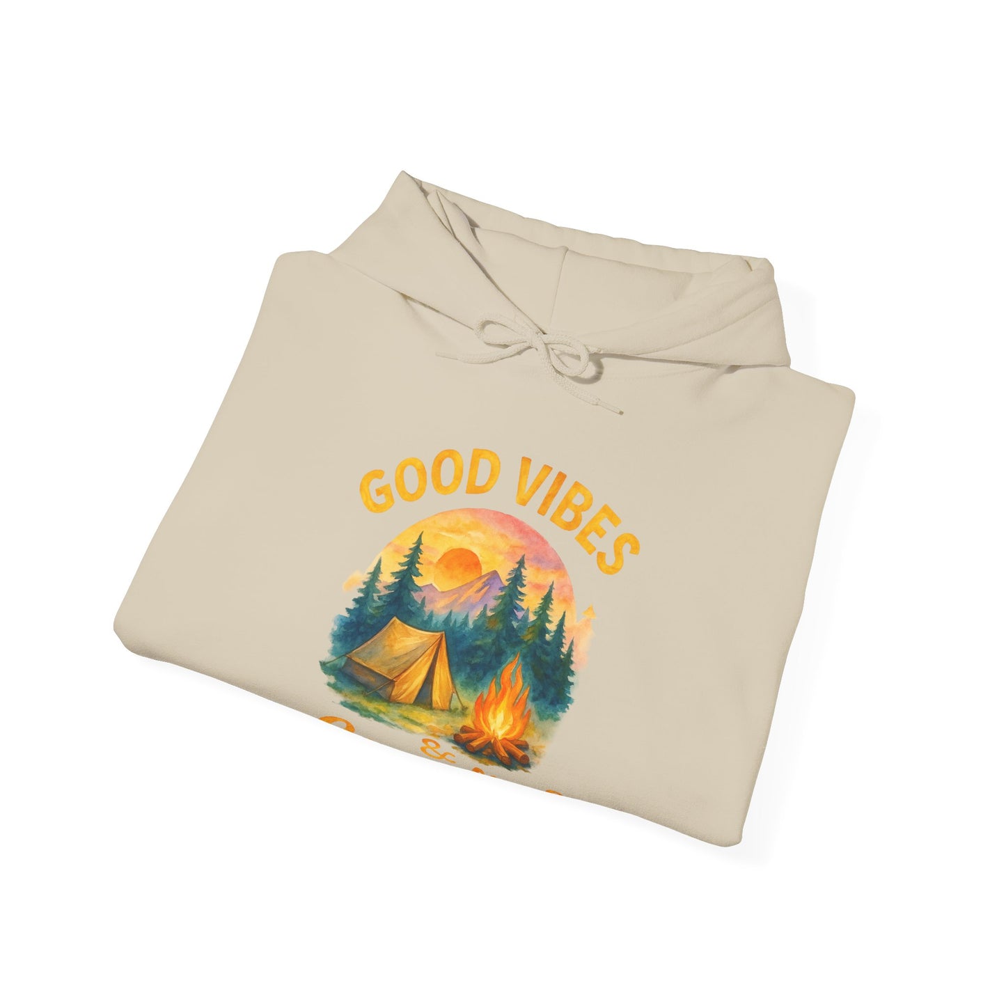 Good Vibes and Campfires Hoodie | HappyCamperCrew.Com 100% Authentic | Cozy Camping Hoodie | Unisex Hooded Sweatshirt for Nature Lovers, Casual Wear, Gift for Him/Her, Outdoor Adventures, Cozy Days & Warm Nights by the Campfire