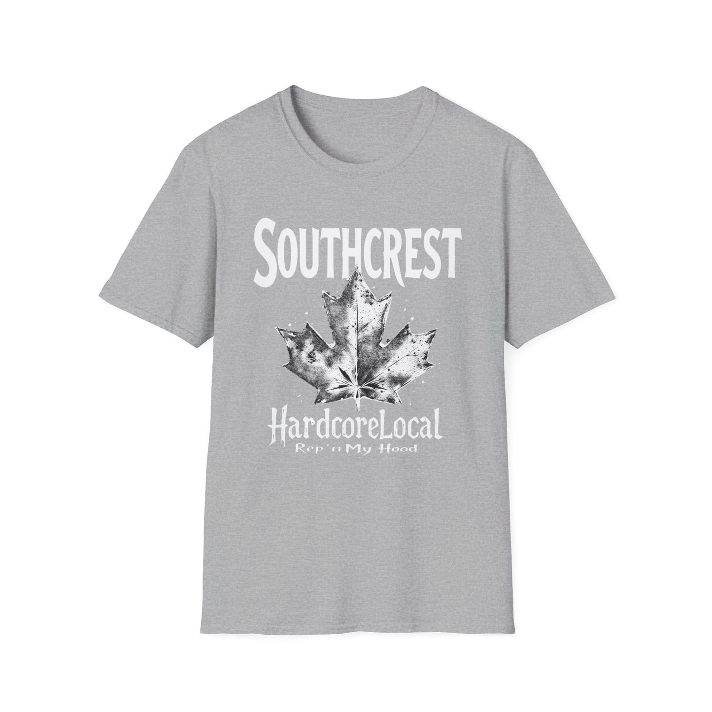 Southcrest Hardcore Rep'n White Leaf T-Shirt, c02-n07-s007 Softstyle Graphic Tee, Unisex Casual Wear, Support'n Locals Merch, Gift for Community Lovers.