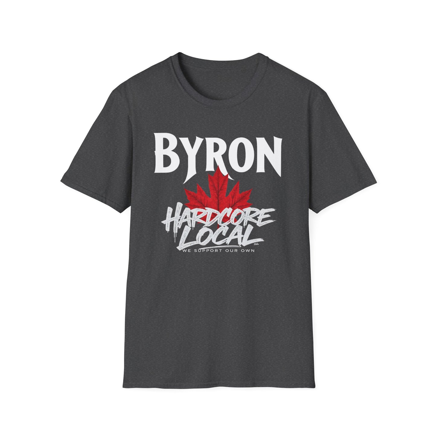 Byron Hardcore We Support Our Own Red Leaf T-Shirt, c02-n02-s006 Softstyle Graphic Tee, Unisex Casual Wear, Support'n Locals Merch, Gift for Community Lovers.