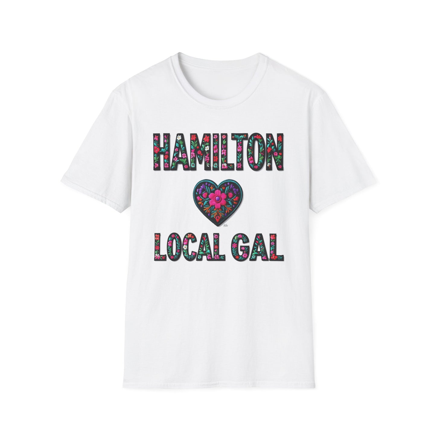 Hamilton Local Gal Flower-Heart T-Shirt, c04-n00-s005 Softstyle Graphic Tee, Unisex Casual Wear, Support Local Merch, Gift for Community Lovers, Finkz WINDSOR