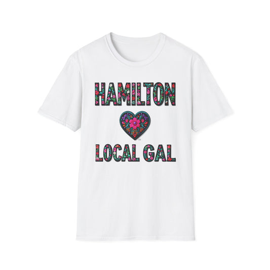 Hamilton Local Gal Flower-Heart T-Shirt, c04-n00-s005 Softstyle Graphic Tee, Unisex Casual Wear, Support Local Merch, Gift for Community Lovers, Finkz WINDSOR