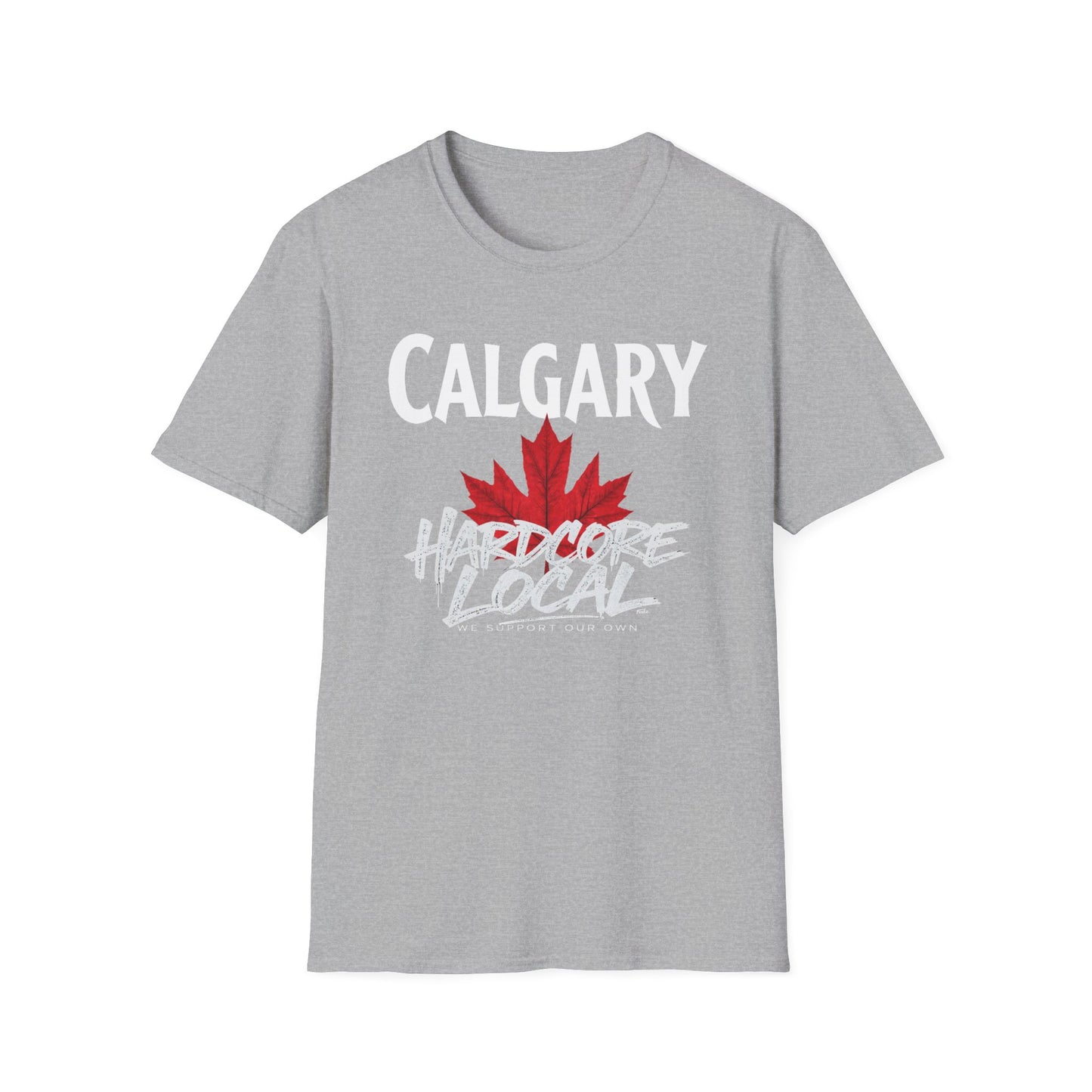Calgary Hardcore We Support Our Own Red Leaf T-Shirt, c11-n00-s006 Softstyle Graphic Tee, Unisex Casual Wear, Support'n Locals Merch, Gift for Community Lovers.