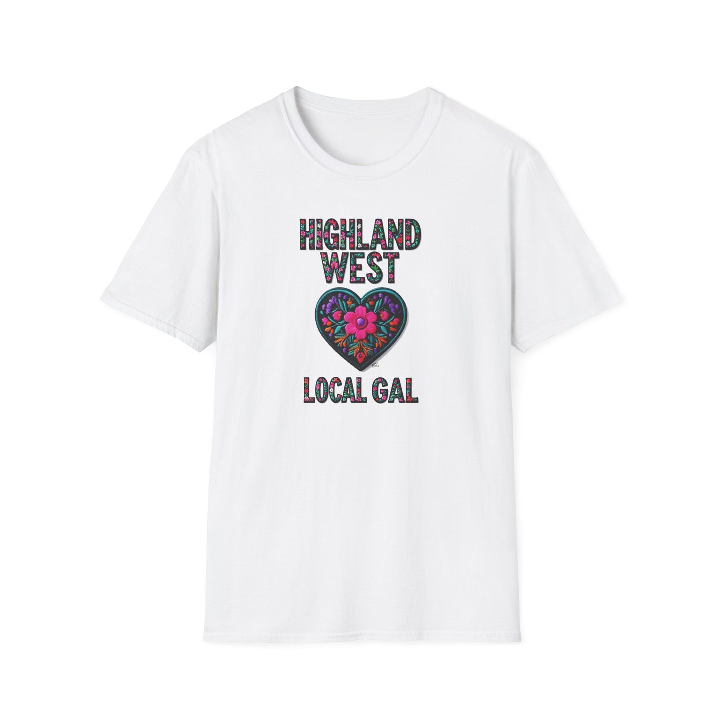 Highland West Local Gal Flower-Heart T-Shirt, c03-n05-s05  Softstyle Graphic Tee, Unisex Casual Wear, Support Local Merch, Gift for Community Lovers, Finkz WINDSOR