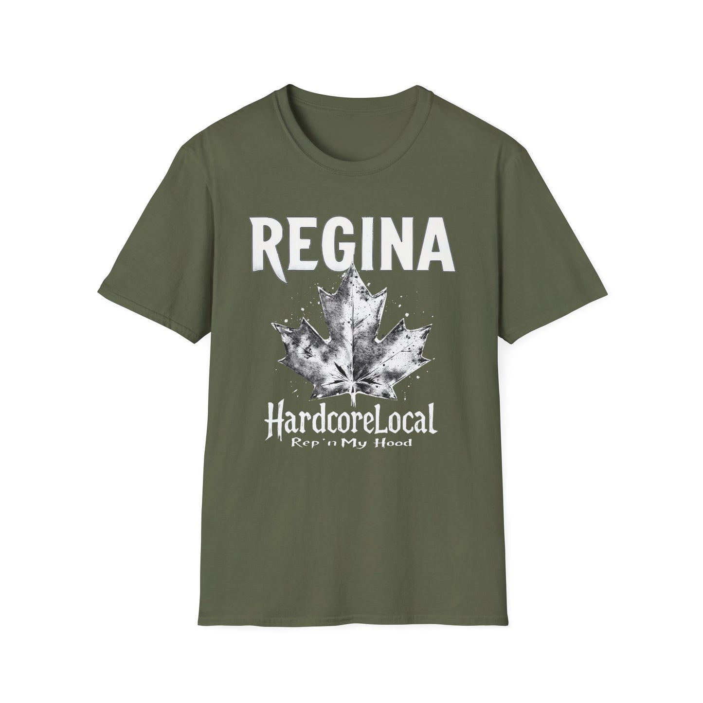 Regina Hardcore Rep'n White Leaf T-Shirt, c010-n00-s007 Softstyle Graphic Tee, Unisex Casual Wear, Support'n Locals Merch, Gift for Community Lovers.