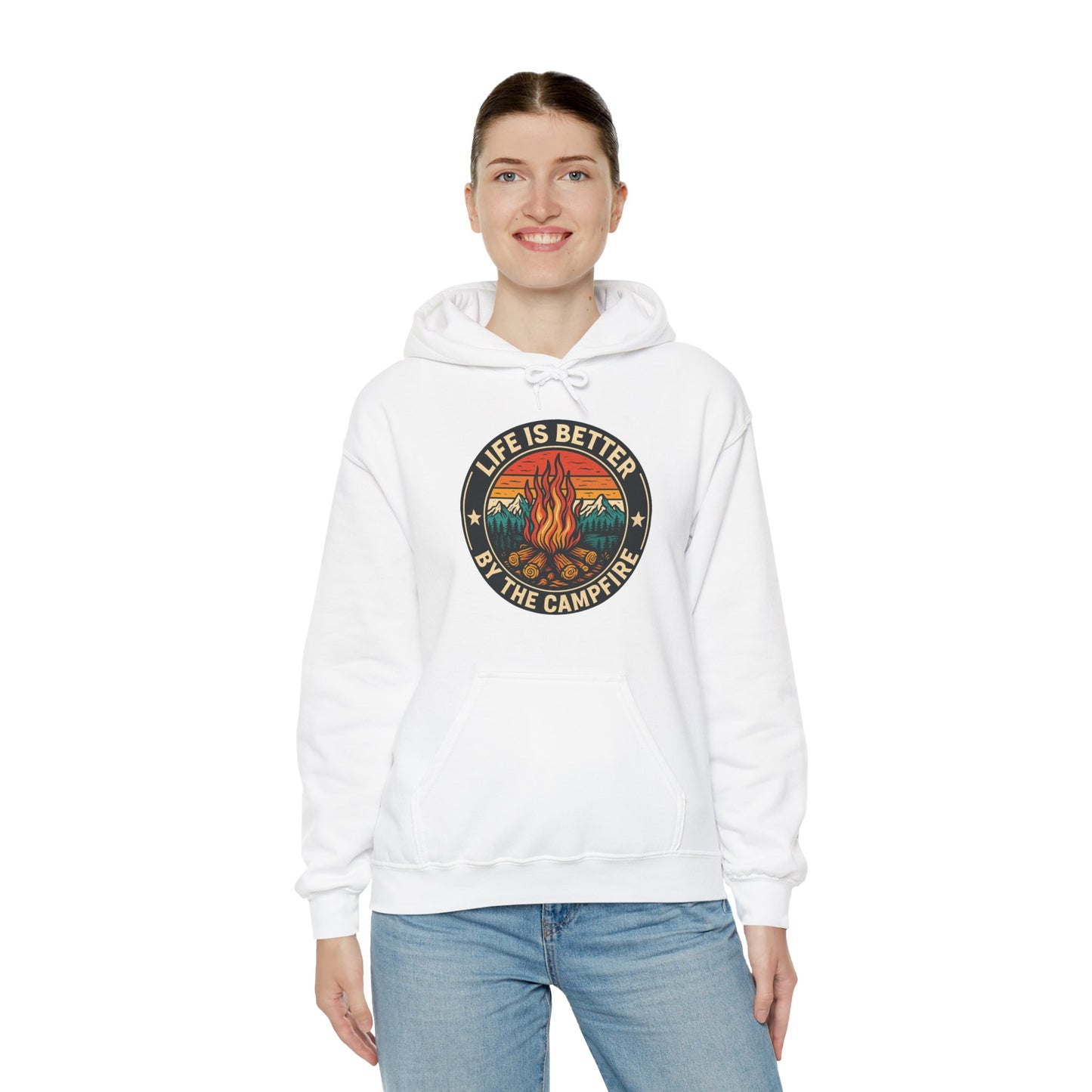 Life Is Better Around The Campfire Hoodie | HappyCamperCrew.Com 100% Authentic | Cozy Camping Hoodie | Unisex Hooded Sweatshirt for Nature Lovers, Casual Wear, Gift for Him/Her, Outdoor Adventures, Cozy Days & Warm Nights by the Campfire