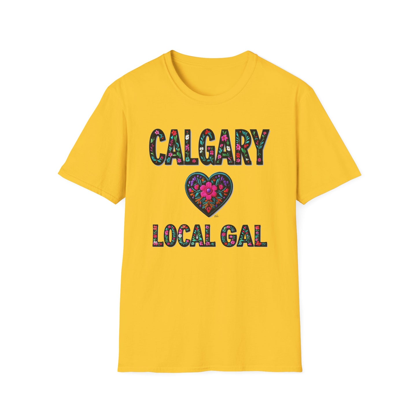 Calgary Local Gal Flower-Heart T-Shirt, c011-n00-s005 Softstyle Graphic Tee, Unisex Casual Wear, Support Local Merch, Gift for Community Lovers, Finkz