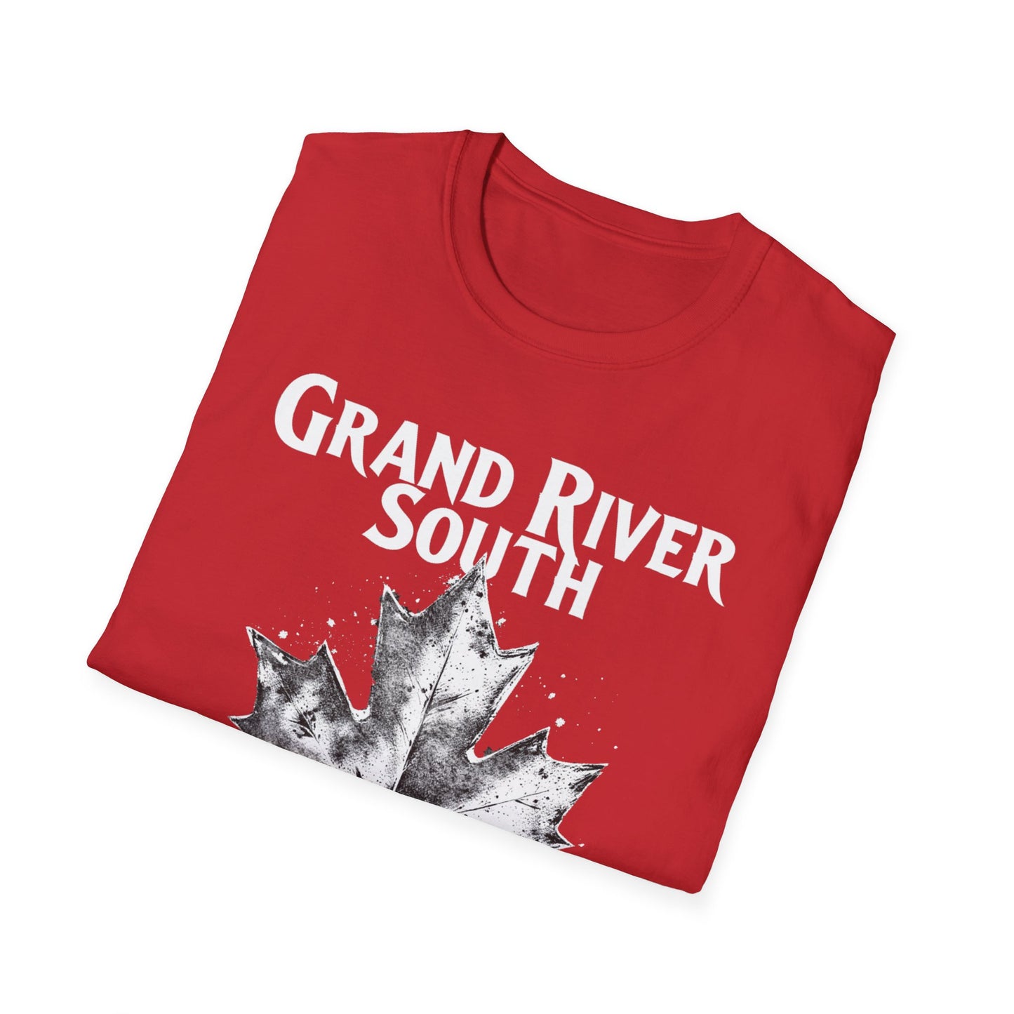 Grand River South Hardcore Rep'n White Leaf T-Shirt, c03-n04-s007 Softstyle Graphic Tee, Unisex Casual Wear, Support'n Locals Merch, Gift for Community Lovers.