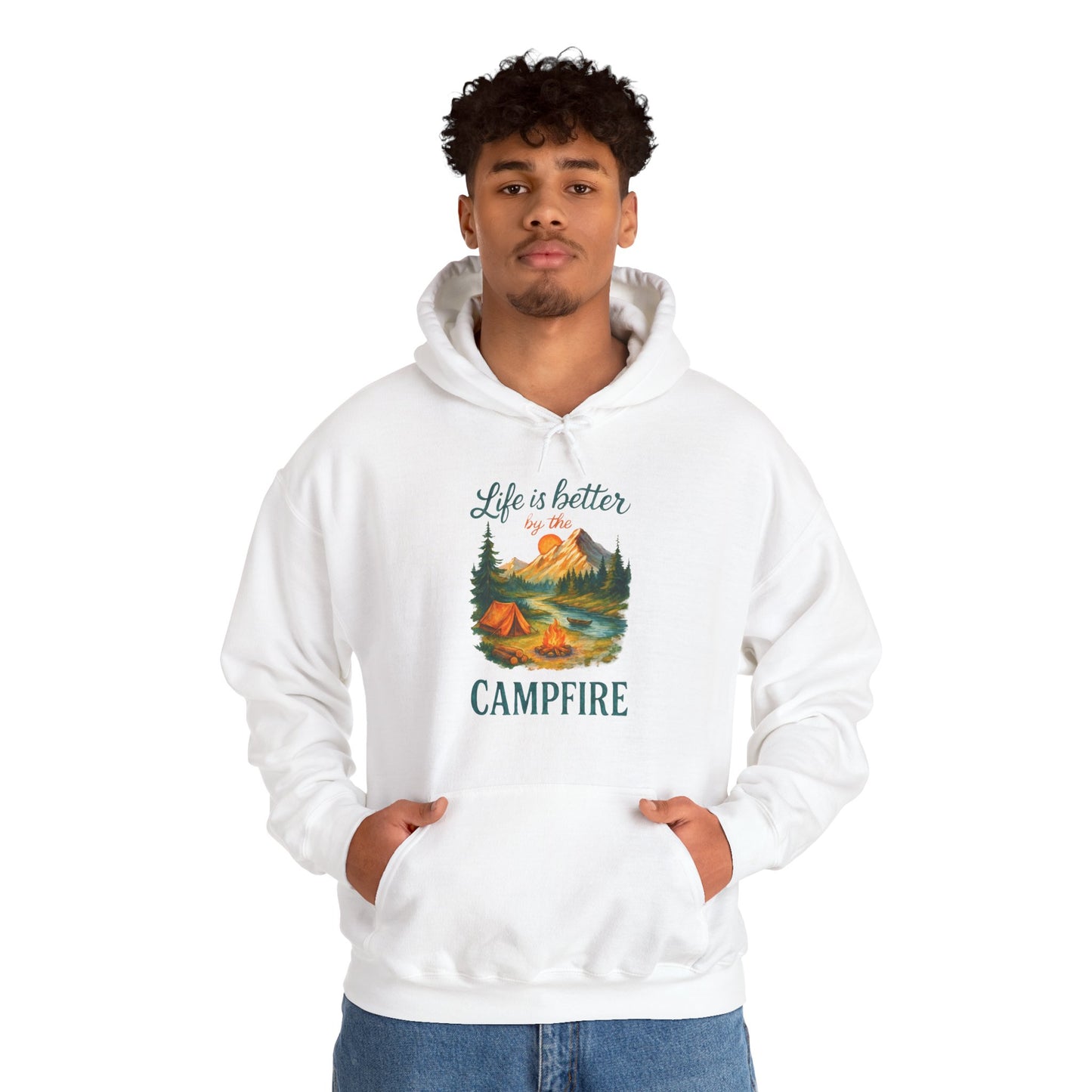 Life Is Better by The Campfire Hoodie | HappyCamperCrew.Com 100% Authentic | Cozy Camping Hoodie | Unisex Hooded Sweatshirt for Nature Lovers, Casual Wear, Gift for Him/Her, Outdoor Adventures, Cozy Days & Warm Nights by the Campfire