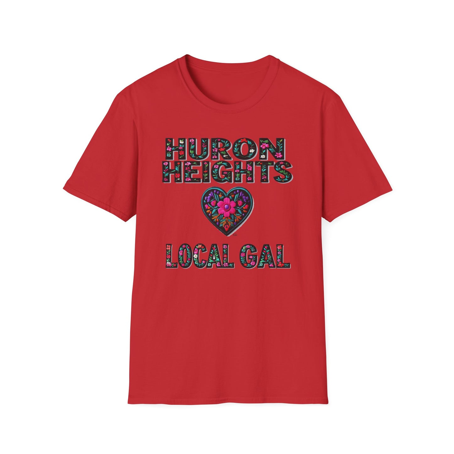 Huron Heights Local Gal Flower-Heart T-Shirt, c02-n01-s005 Softstyle Graphic Tee, Unisex Casual Wear, Support Local Merch, Gift for Community Lovers, Finkz WINDSOR