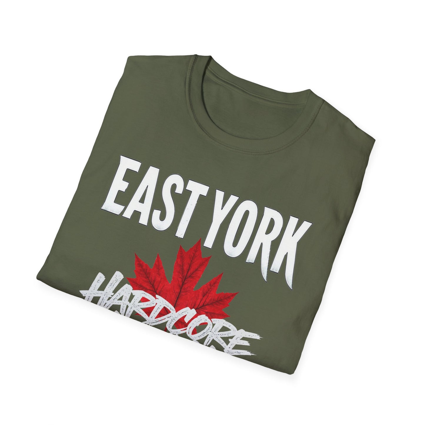 East York Hardcore We Support Our Own Red Leaf T-Shirt, c06-n02-s006 Softstyle Graphic Tee, Unisex Casual Wear, Support'n Locals Merch, Gift for Community Lovers.