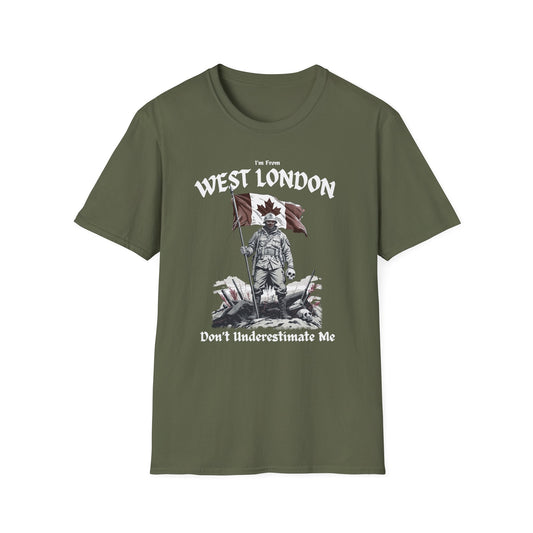 West London Underestimate Guy T-Shirt, c02-n08-s002 Softstyle Graphic Tee, Unisex Casual Wear, Support'n Locals Merch, Gift for Community Lovers.