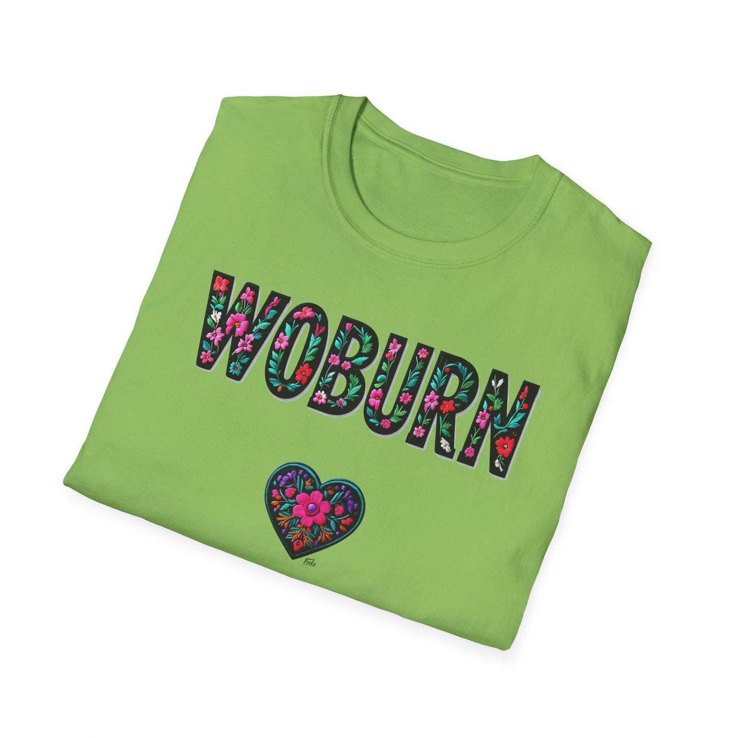 Woburn Local Gal Flower-Heart T-Shirt, c06-n06-s005 Softstyle Graphic Tee, Unisex Casual Wear, Support Local Merch, Gift for Community Lovers, Finkz WINDSOR