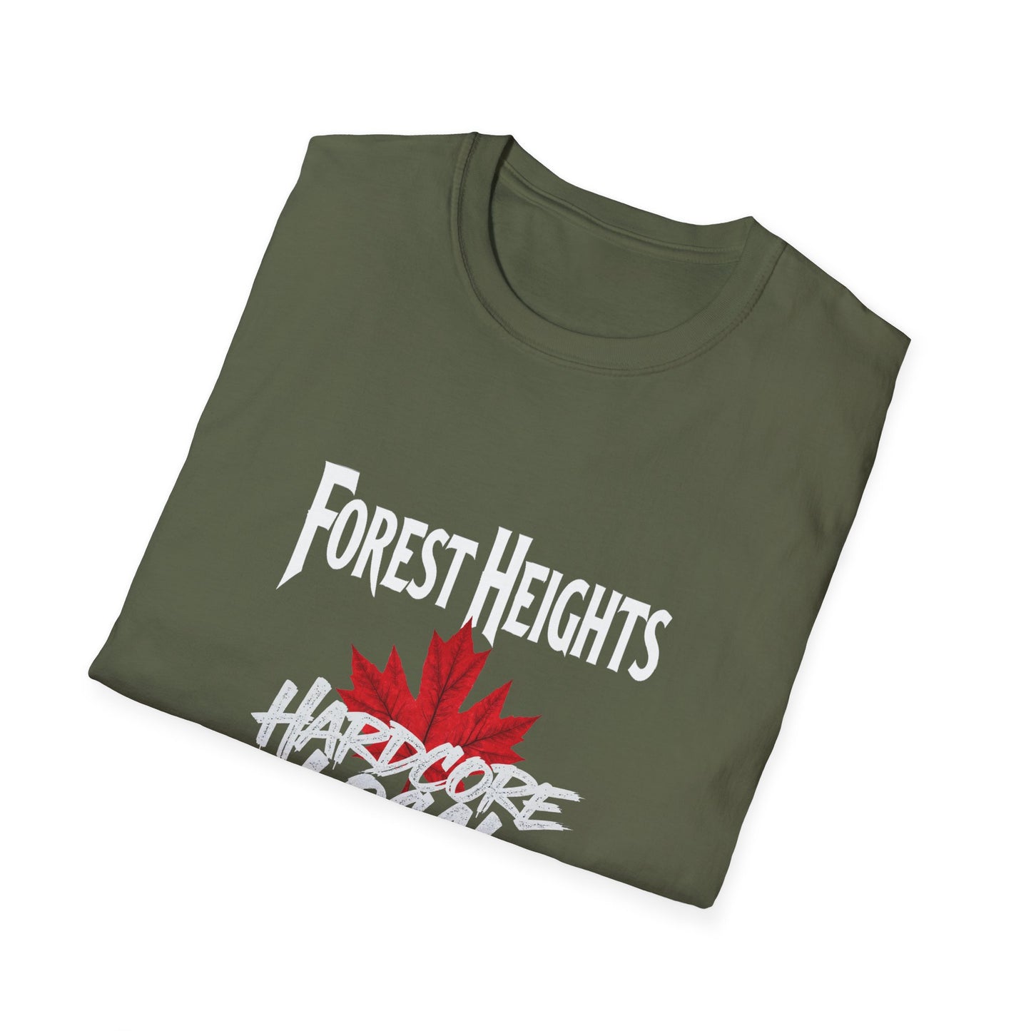 Forest Heights Hardcore We Support Our Own Red Leaf T-Shirt, c03-n03-s006 Softstyle Graphic Tee, Unisex Casual Wear, Support'n Locals Merch, Gift for Community Lovers.