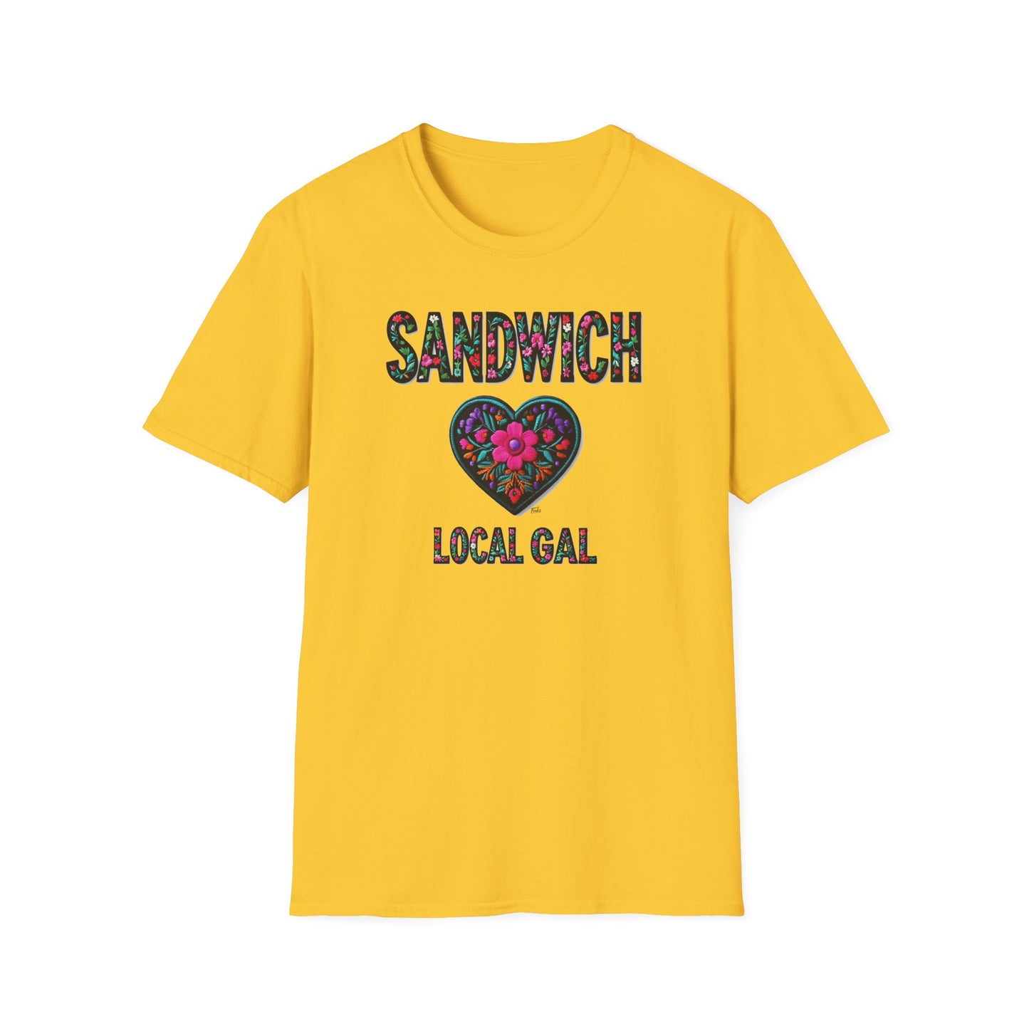 SANDWICH Local Gal Flower-Heart T-Shirt, 3 Softstyle Graphic Tee, Unisex Casual Wear, Support Local Merch, Gift for Community Lovers, Finkz WINDSOR