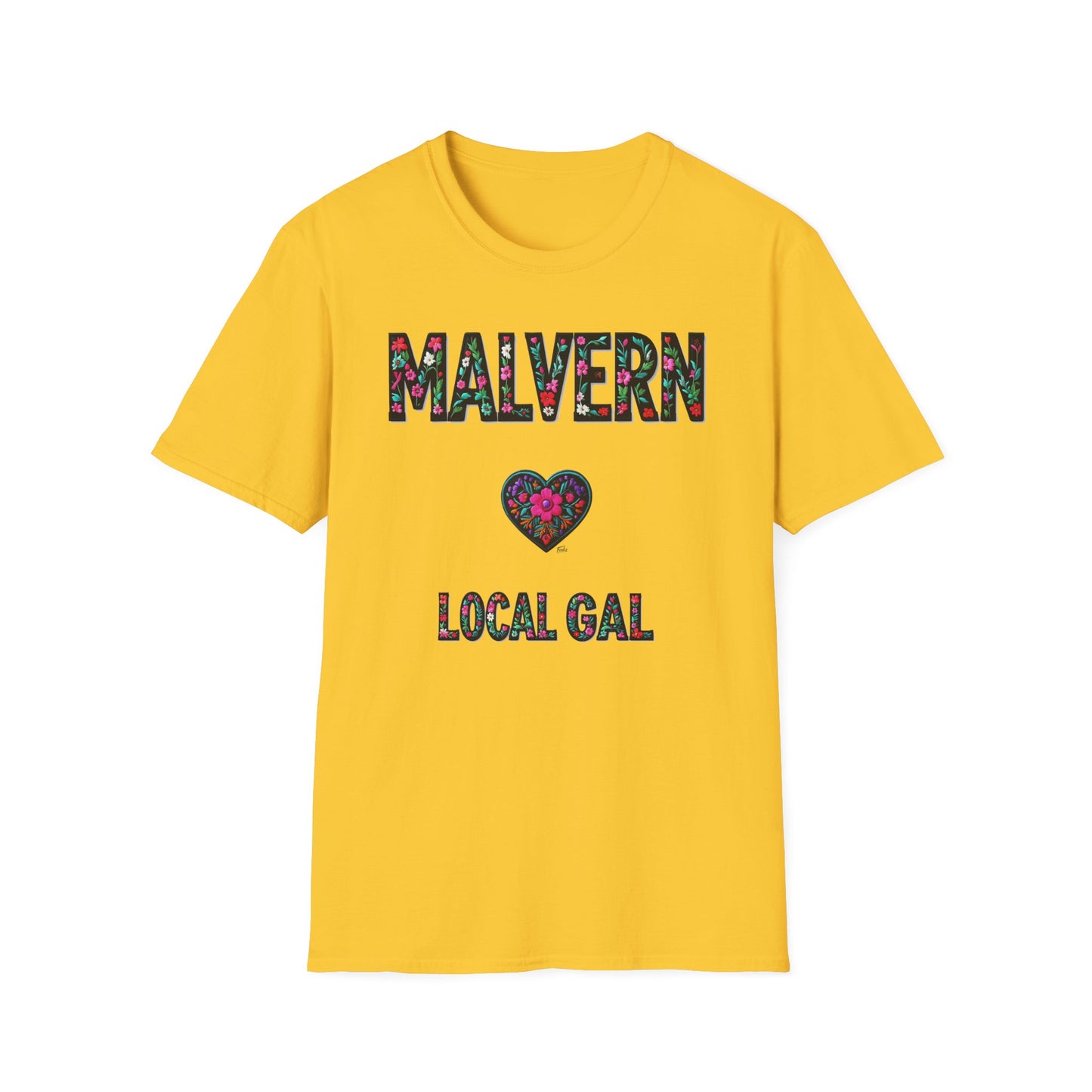 Malvern Local Gal Flower-Heart T-Shirt, c06-n04-s005 Softstyle Graphic Tee, Unisex Casual Wear, Support Local Merch, Gift for Community Lovers, Finkz WINDSOR