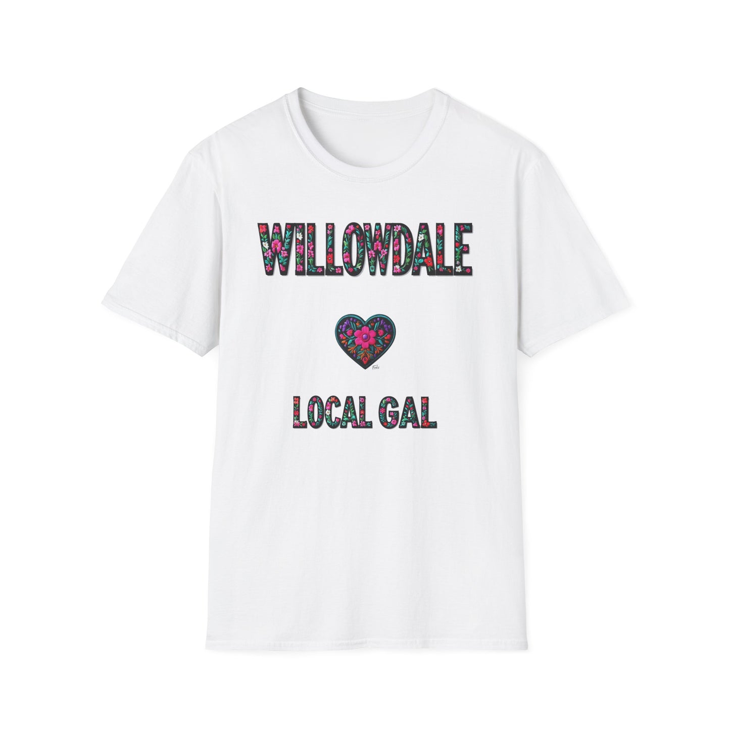 Willowdale Local Gal Flower-Heart T-Shirt, c06-n05-s005 Softstyle Graphic Tee, Unisex Casual Wear, Support Local Merch, Gift for Community Lovers, Finkz WINDSOR