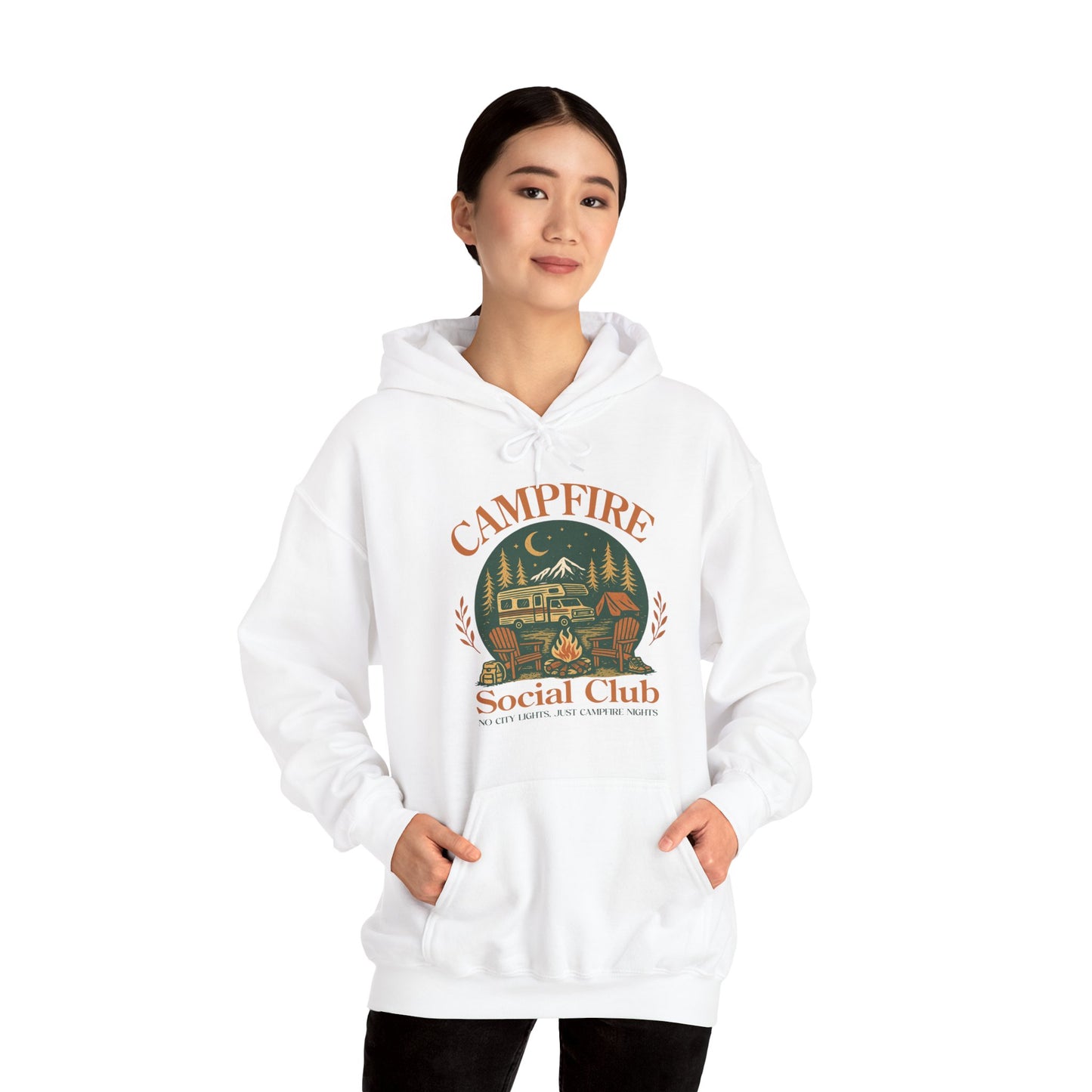 Campfire Social Club Hoodie | HappyCamperCrew.Com 100% Authentic | Cozy Camping Hoodie | Unisex Hooded Sweatshirt for Nature Lovers, Casual Wear, Gift for Him/Her, Outdoor Adventures, Cozy Days & Warm Nights By The Campfire