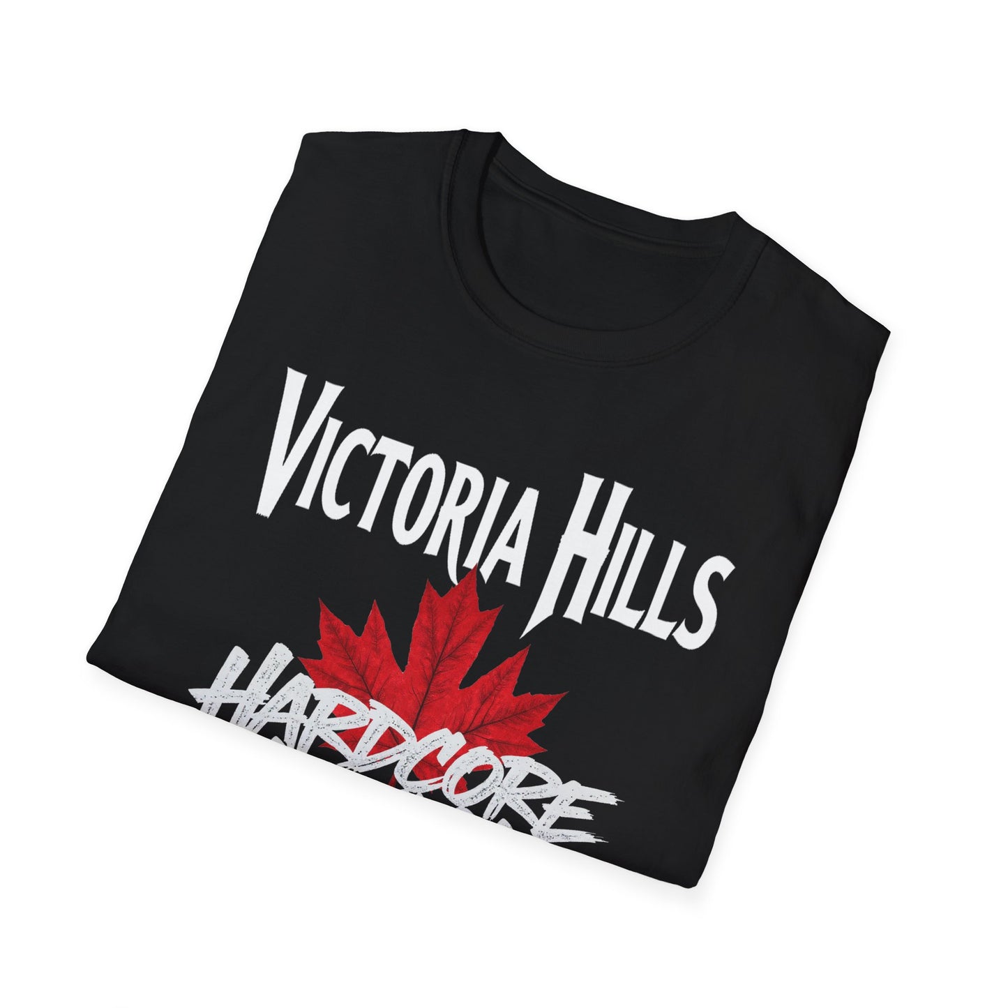 Victoria Hills Hardcore We Support Our Own Red Leaf T-Shirt, c03-n10-s006 Softstyle Graphic Tee, Unisex Casual Wear, Support'n Locals Merch, Gift for Community Lovers.