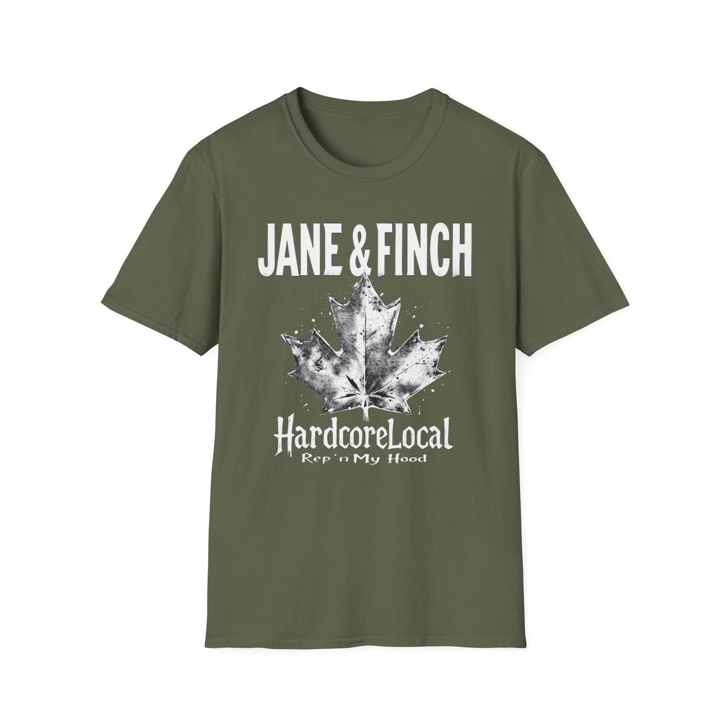 Jane & Finch Hardcore Rep'n White Leaf T-Shirt, c06-n03-s007 Softstyle Graphic Tee, Unisex Casual Wear, Support'n Locals Merch, Gift for Community Lovers.