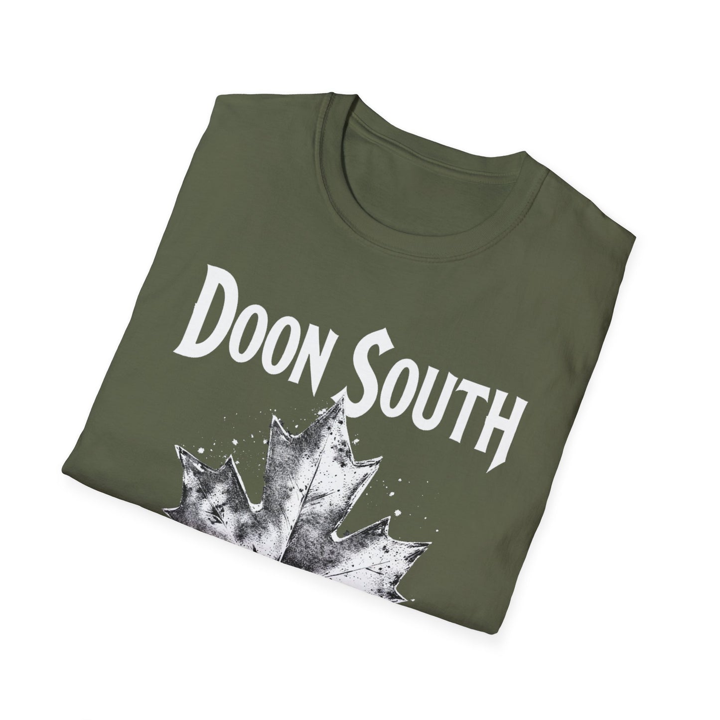 Doon South Hardcore Rep'n White Leaf T-Shirt, c03-n02-s007 Softstyle Graphic Tee, Unisex Casual Wear, Support'n Locals Merch, Gift for Community Lovers.