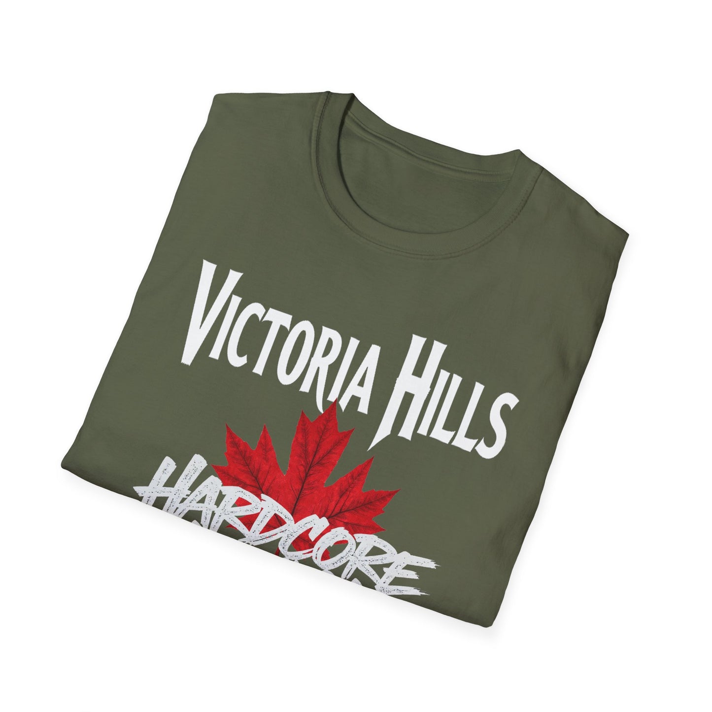 Victoria Hills Hardcore We Support Our Own Red Leaf T-Shirt, c03-n10-s006 Softstyle Graphic Tee, Unisex Casual Wear, Support'n Locals Merch, Gift for Community Lovers.