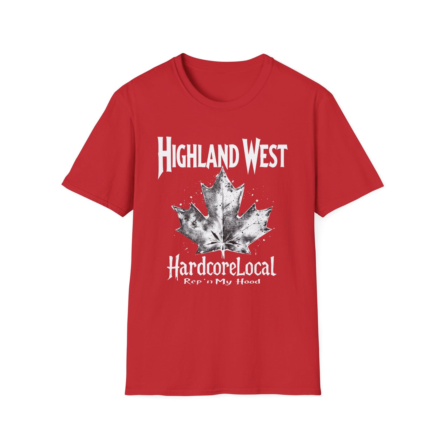 Highland West Hardcore Rep'n White Leaf T-Shirt, c03-n05-s007 Softstyle Graphic Tee, Unisex Casual Wear, Support'n Locals Merch, Gift for Community Lovers.