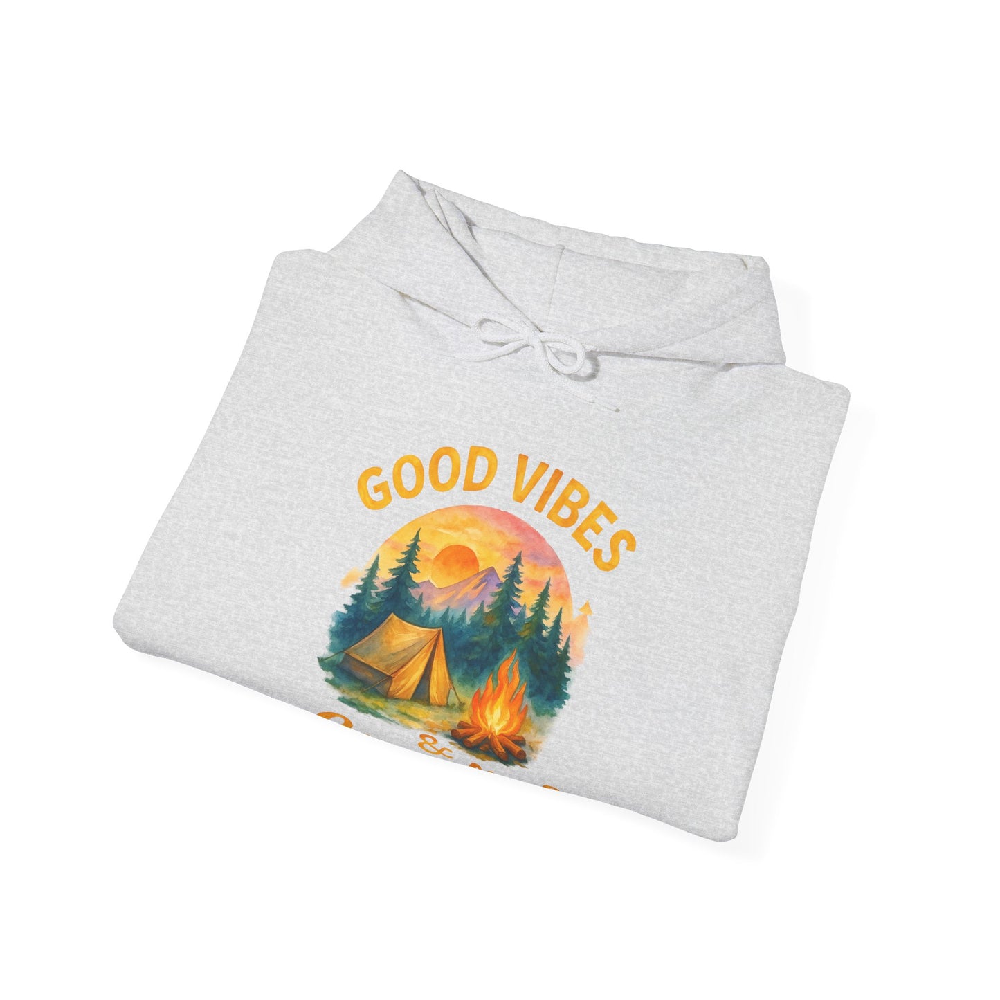 Good Vibes and Campfires Hoodie | HappyCamperCrew.Com 100% Authentic | Cozy Camping Hoodie | Unisex Hooded Sweatshirt for Nature Lovers, Casual Wear, Gift for Him/Her, Outdoor Adventures, Cozy Days & Warm Nights by the Campfire