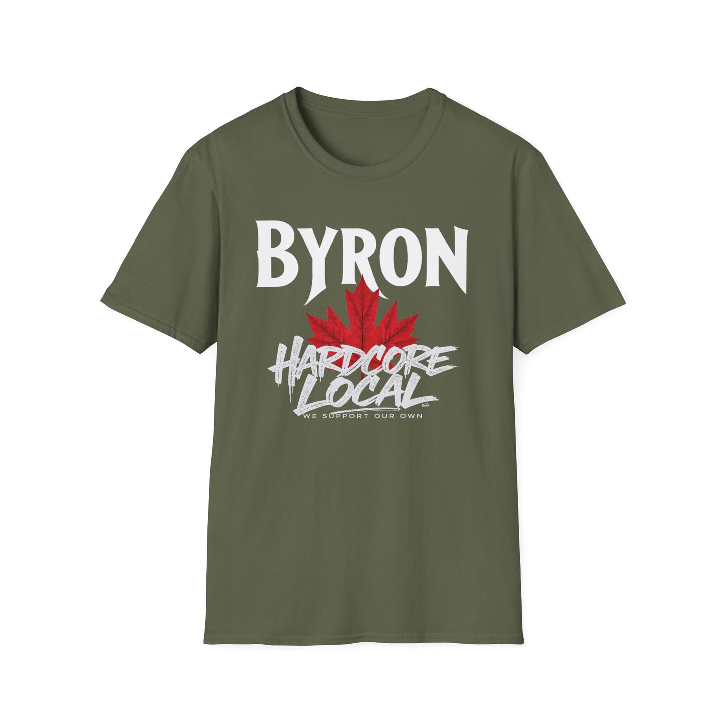 Byron Hardcore We Support Our Own Red Leaf T-Shirt, c02-n02-s006 Softstyle Graphic Tee, Unisex Casual Wear, Support'n Locals Merch, Gift for Community Lovers.