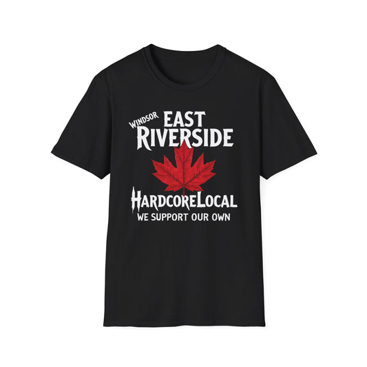 Windsor East Riverside Hardcore Local Red Leaf, We Support Our Own, 1 T-Shirt, Softstyle Graphic Tee, Unisex Casual Wear, Support Local Merch, Gift for Community Lovers
