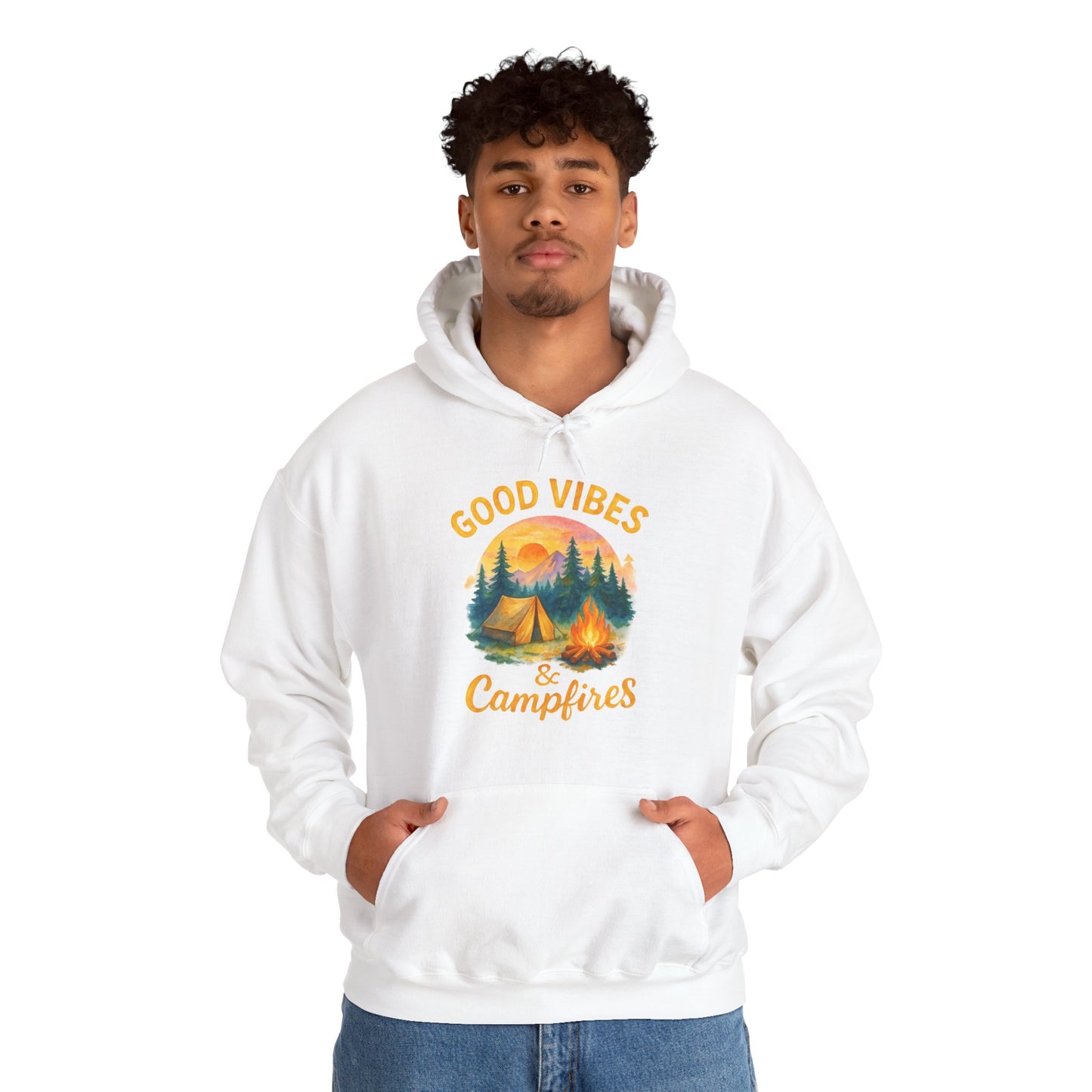 Good Vibes and Campfires Hoodie | HappyCamperCrew.Com 100% Authentic | Cozy Camping Hoodie | Unisex Hooded Sweatshirt for Nature Lovers, Casual Wear, Gift for Him/Her, Outdoor Adventures, Cozy Days & Warm Nights by the Campfire
