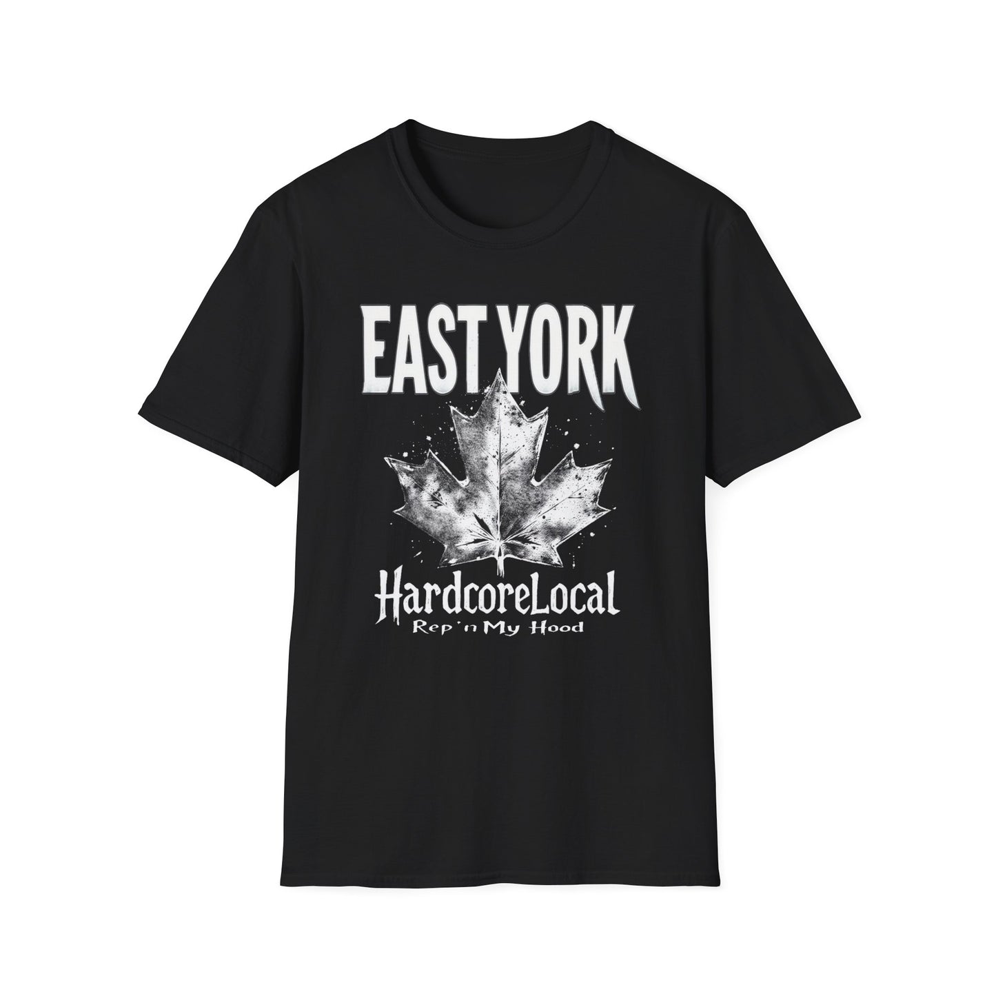 East York Hardcore Rep'n White Leaf T-Shirt, c06-n02-s007 Softstyle Graphic Tee, Unisex Casual Wear, Support'n Locals Merch, Gift for Community Lovers.