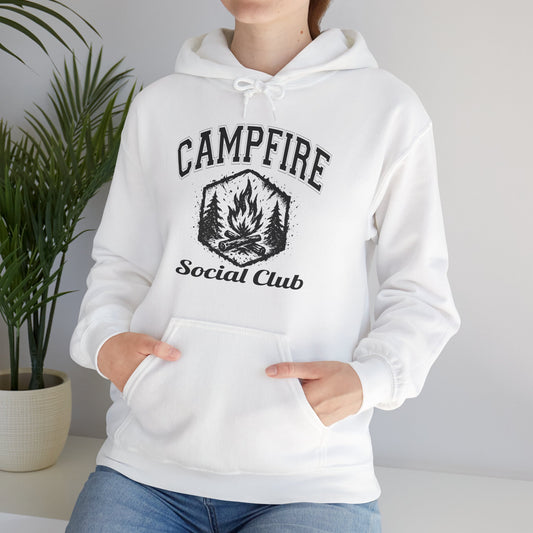 Campfire Social Club Hoodie | HappyCamperCrew.Com 100% Authentic | Cozy Camping Hoodie | Unisex Hooded Sweatshirt for Nature Lovers, Casual Wear, Gift for Him/Her, Outdoor Adventures, Cozy Days & Warm Nights by the Campfire