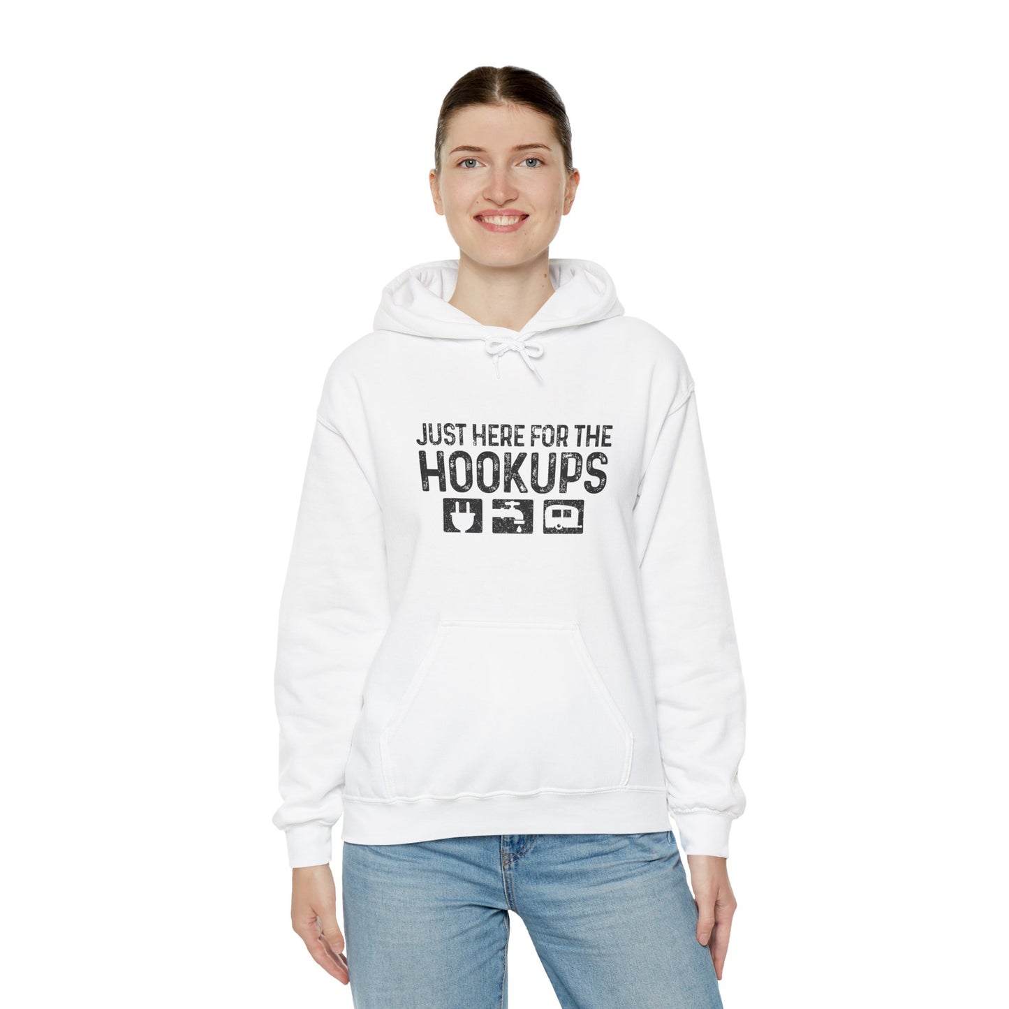 Here For The Hookups Hoodie | HappyCamperCrew.Com 100% Authentic | Cozy Camping Hoodie | Unisex Hooded Sweatshirt for Nature Lovers, Casual Wear, Gift for Him/Her, Outdoor Adventures, Cozy Days & Warm Nights by the Campfire