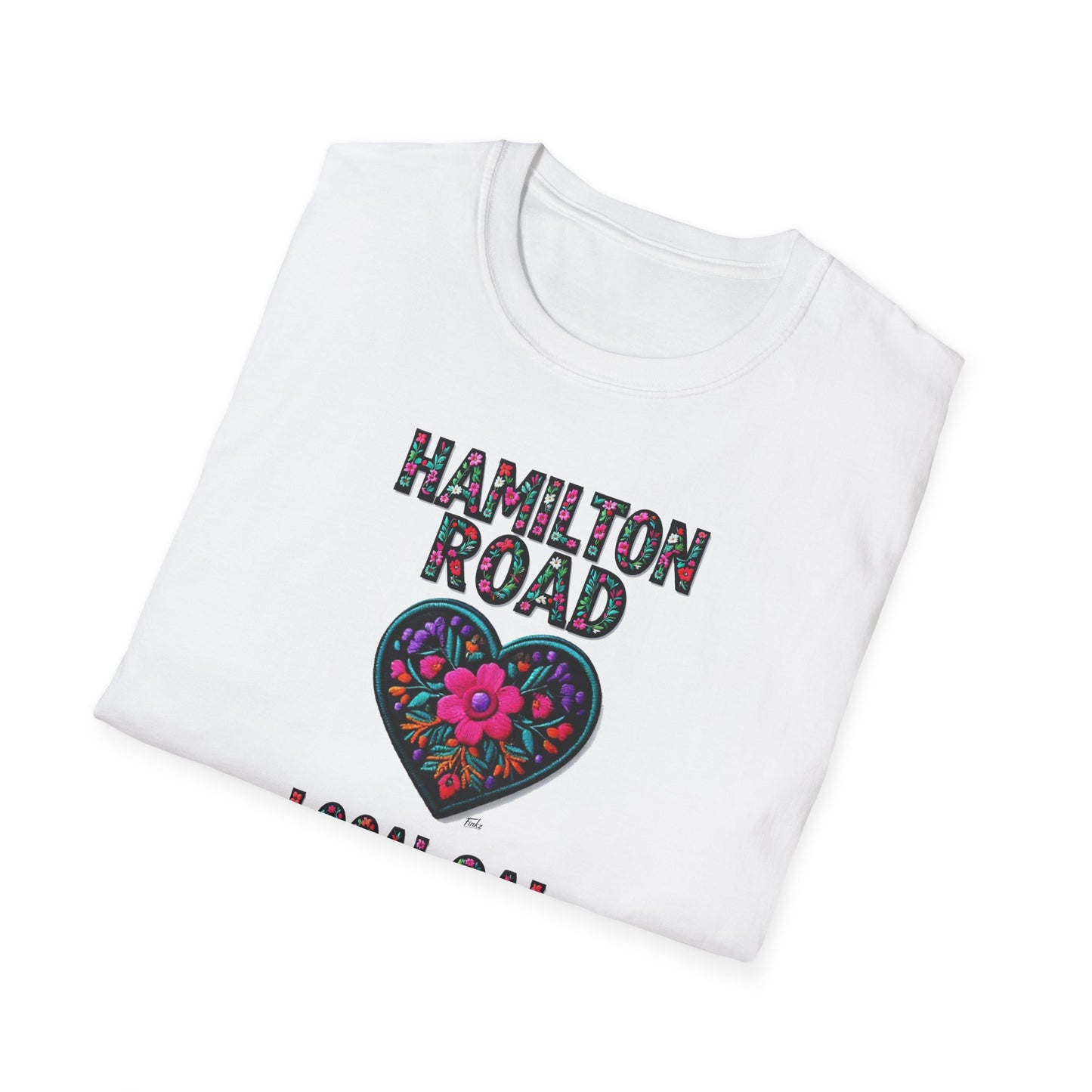 Hamilton Road Local Gal Flower-Heart T-Shirt, c02-n04-s05  Softstyle Graphic Tee, Unisex Casual Wear, Support Local Merch, Gift for Community Lovers, Finkz WINDSOR
